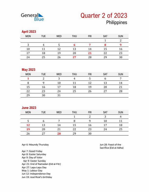 Printable Three Month Calendar with Philippines Holidays