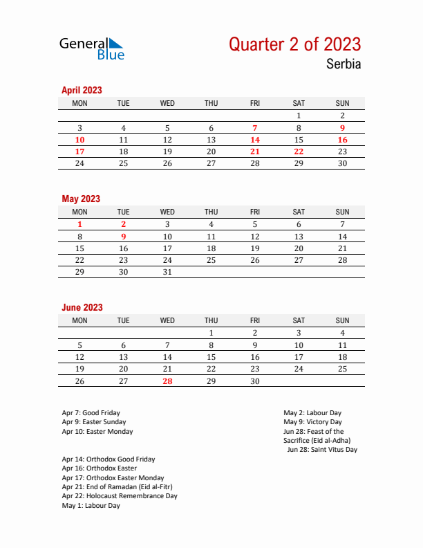 Printable Three Month Calendar with Serbia Holidays