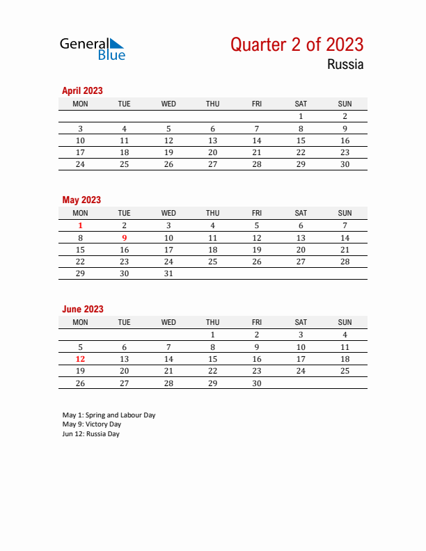 Printable Three Month Calendar with Russia Holidays