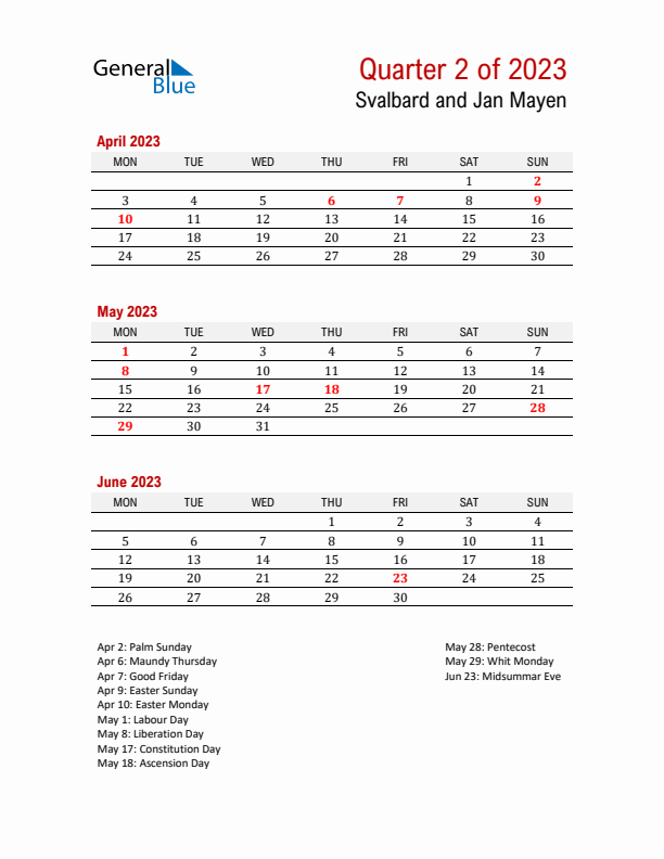 Printable Three Month Calendar with Svalbard and Jan Mayen Holidays