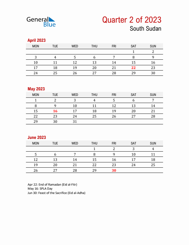 Printable Three Month Calendar with South Sudan Holidays