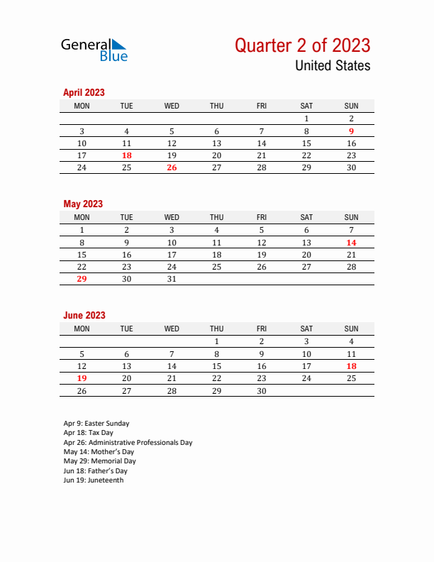 Printable Three Month Calendar with United States Holidays