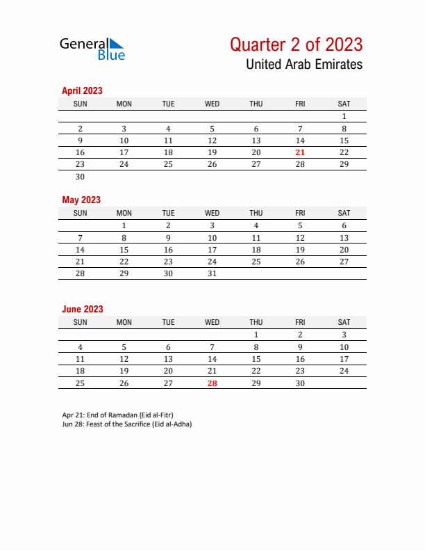 Printable Three Month Calendar with United Arab Emirates Holidays