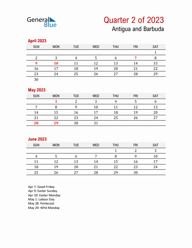 Printable Three Month Calendar with Antigua and Barbuda Holidays