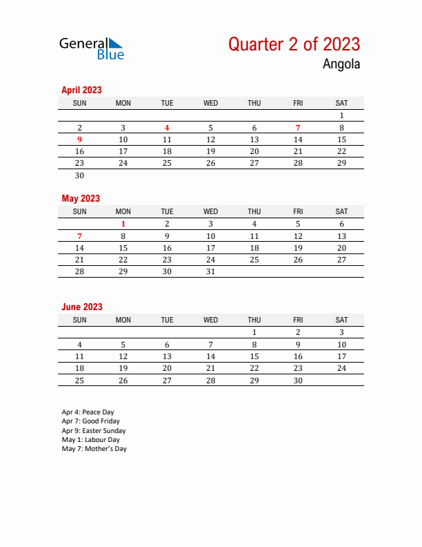 Printable Three Month Calendar with Angola Holidays