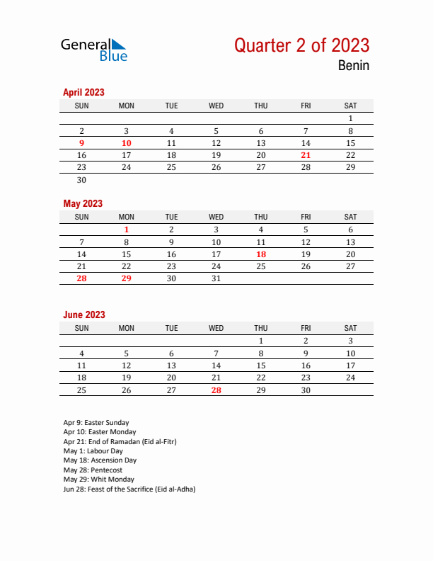 Printable Three Month Calendar with Benin Holidays