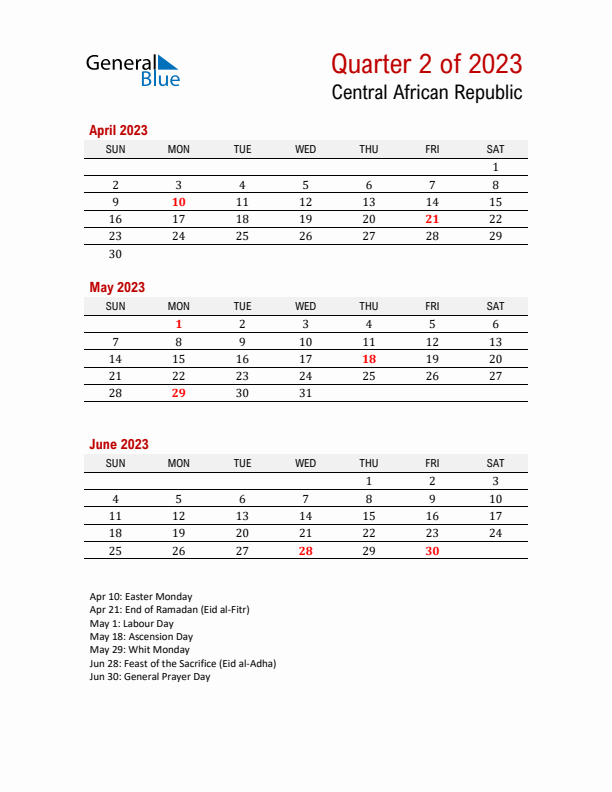 Printable Three Month Calendar with Central African Republic Holidays