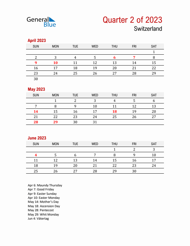 Printable Three Month Calendar with Switzerland Holidays