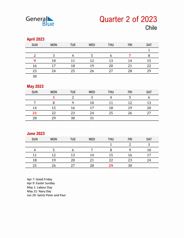 Printable Three Month Calendar with Chile Holidays