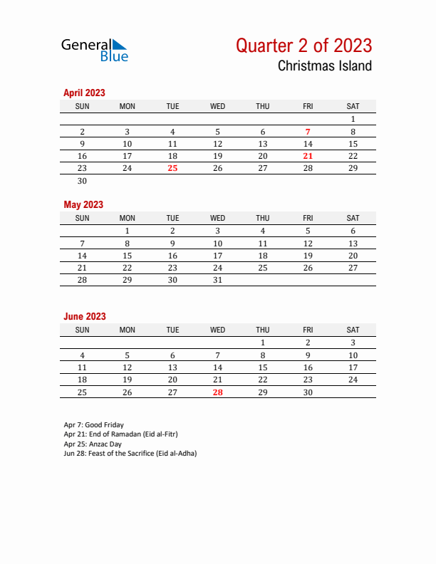 Printable Three Month Calendar with Christmas Island Holidays