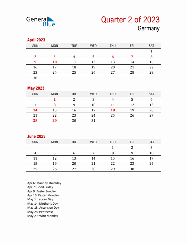 Printable Three Month Calendar with Germany Holidays