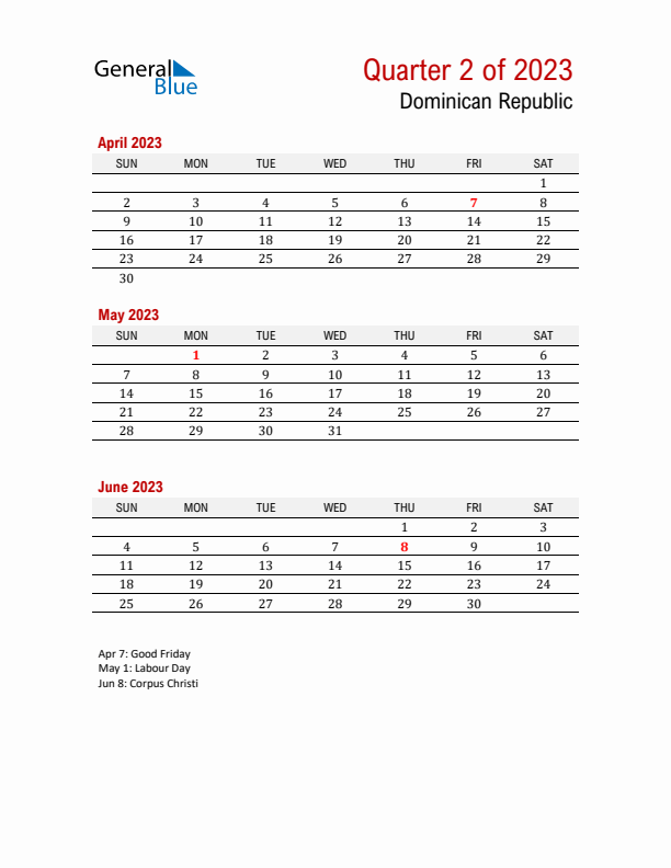 Printable Three Month Calendar with Dominican Republic Holidays