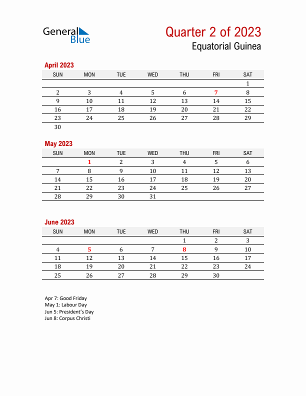 Printable Three Month Calendar with Equatorial Guinea Holidays