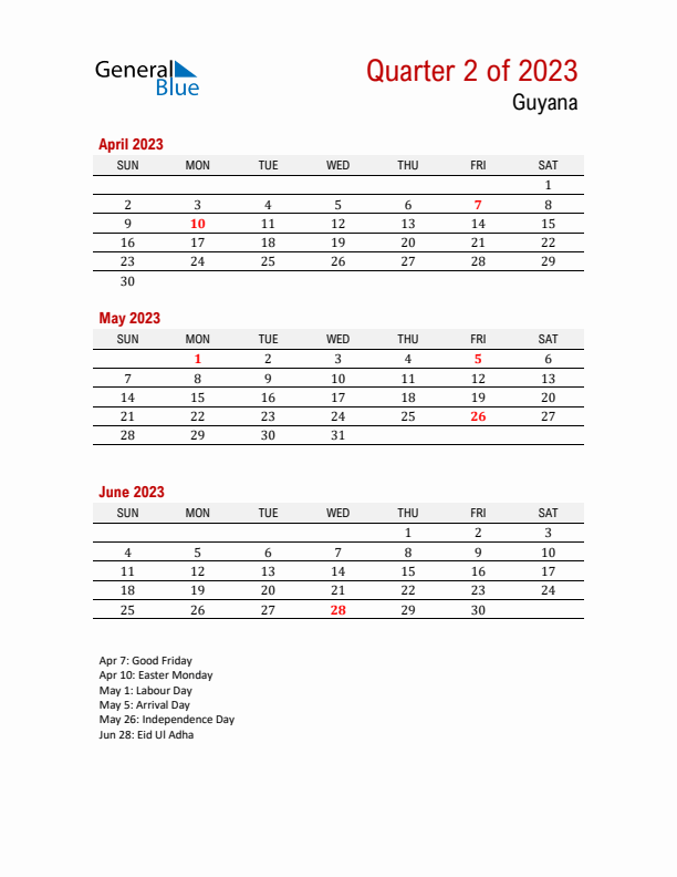 Printable Three Month Calendar with Guyana Holidays