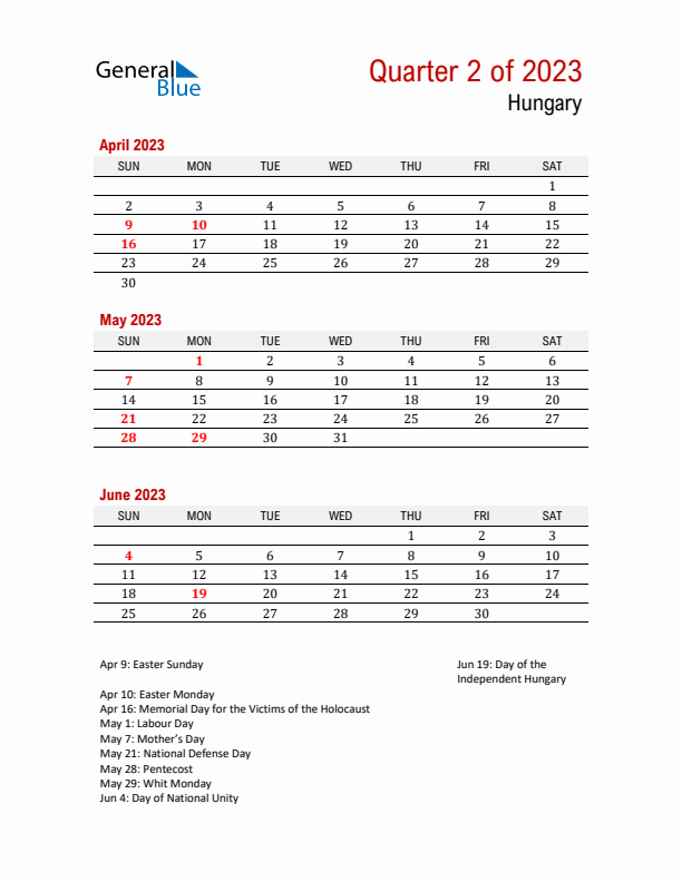 Printable Three Month Calendar with Hungary Holidays