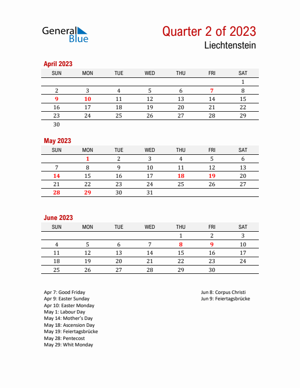 Printable Three Month Calendar with Liechtenstein Holidays