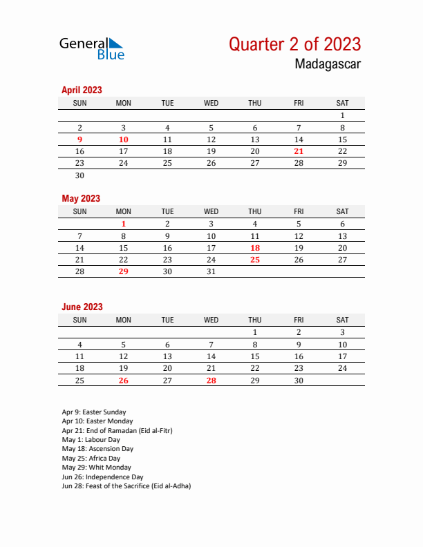 Printable Three Month Calendar with Madagascar Holidays