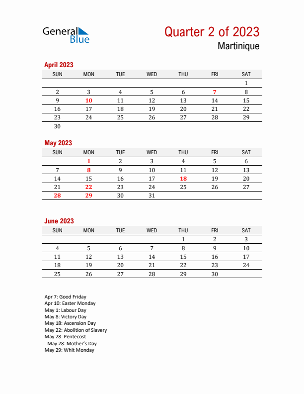 Printable Three Month Calendar with Martinique Holidays