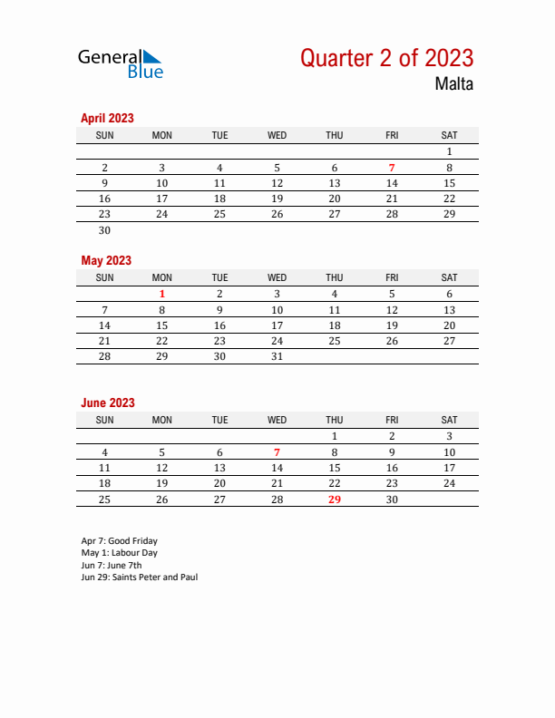 Printable Three Month Calendar with Malta Holidays