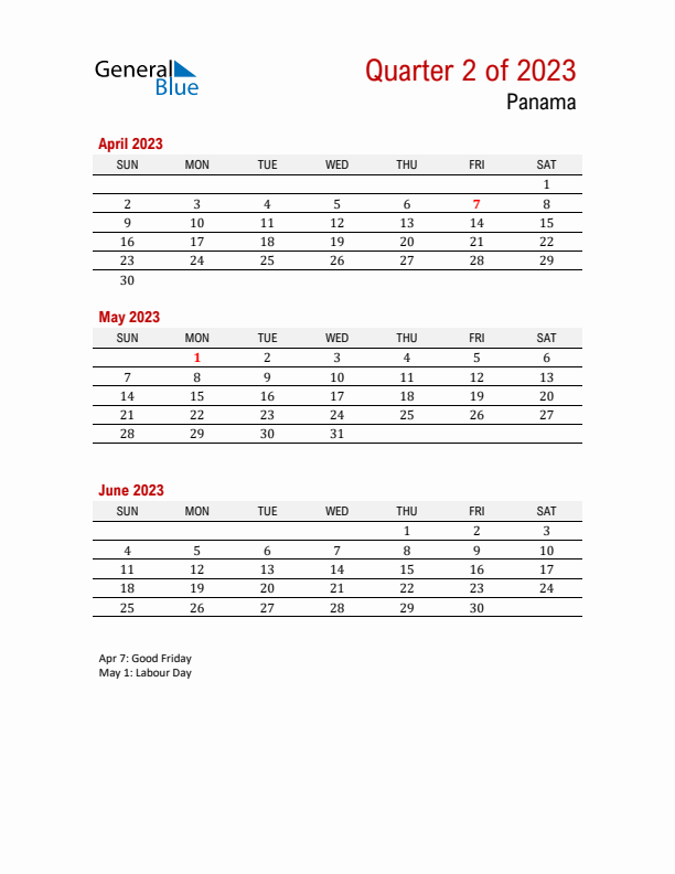 Printable Three Month Calendar with Panama Holidays