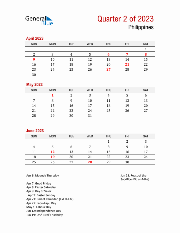 Printable Three Month Calendar with Philippines Holidays