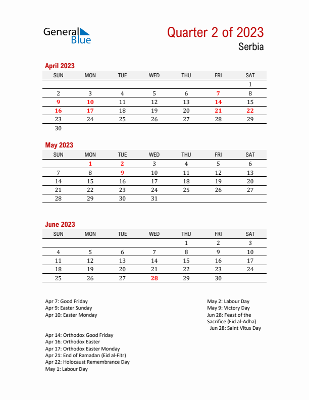 Printable Three Month Calendar with Serbia Holidays