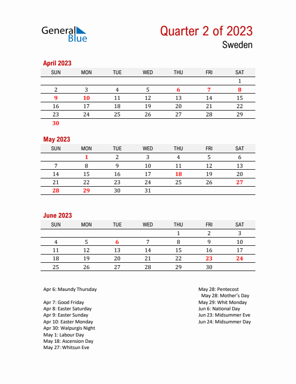 Printable Three Month Calendar with Sweden Holidays