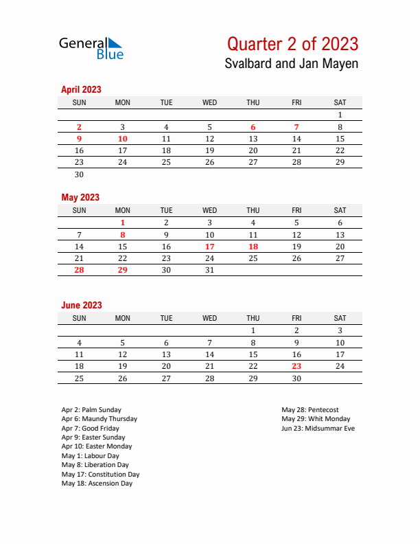 Printable Three Month Calendar with Svalbard and Jan Mayen Holidays