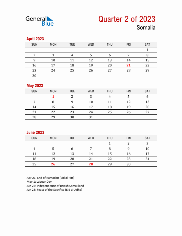 Printable Three Month Calendar with Somalia Holidays