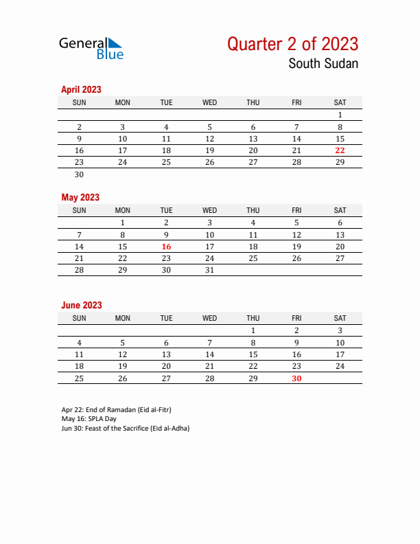 Printable Three Month Calendar with South Sudan Holidays