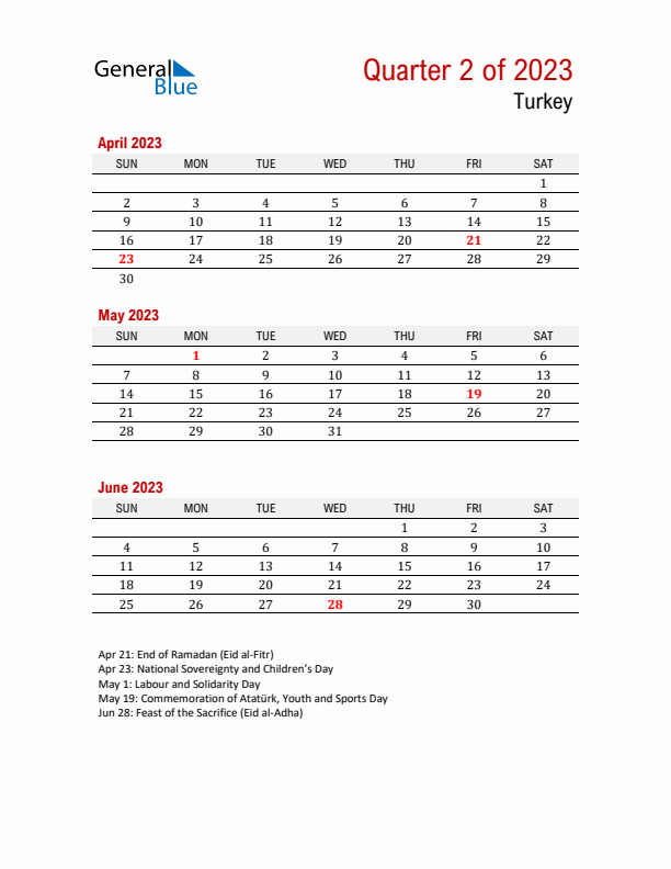 Printable Three Month Calendar with Turkey Holidays