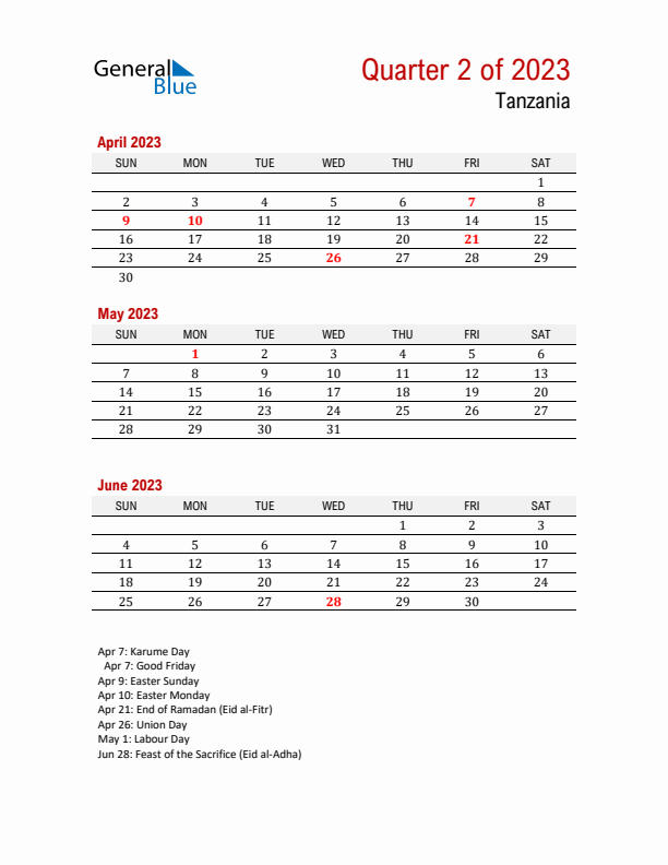 Printable Three Month Calendar with Tanzania Holidays