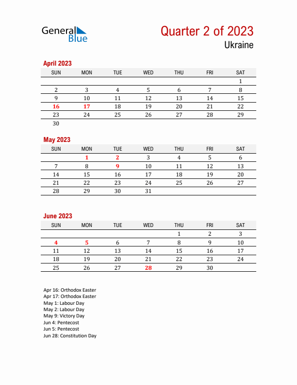 Printable Three Month Calendar with Ukraine Holidays