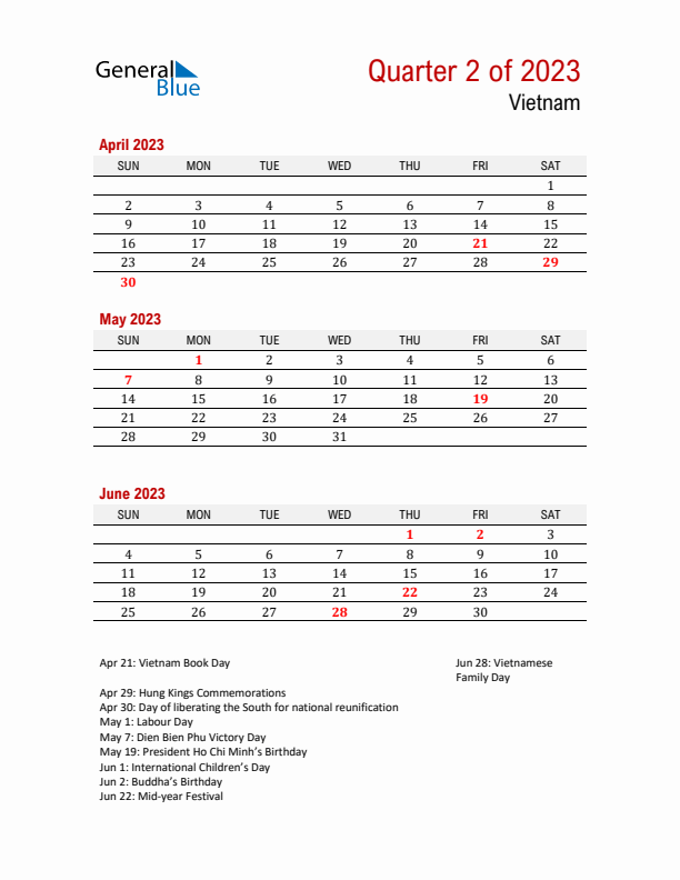 Printable Three Month Calendar with Vietnam Holidays