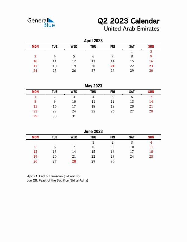 2023 Q2 Calendar with Holidays List for United Arab Emirates