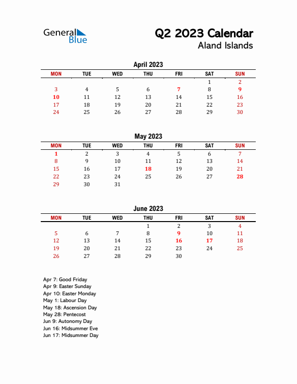 2023 Q2 Calendar with Holidays List for Aland Islands