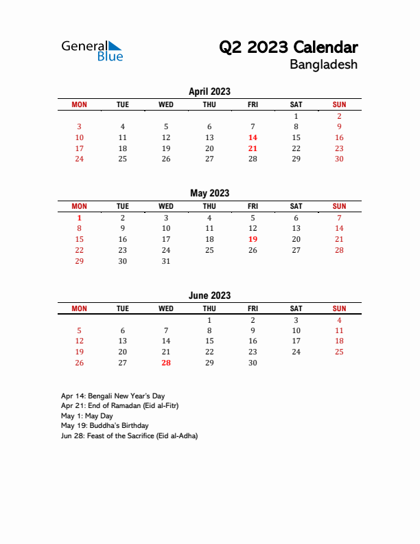 2023 Q2 Calendar with Holidays List for Bangladesh