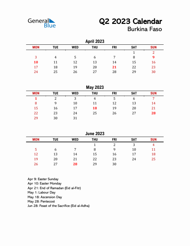 2023 Q2 Calendar with Holidays List for Burkina Faso