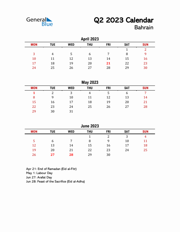 2023 Q2 Calendar with Holidays List for Bahrain