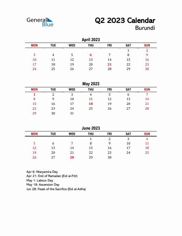 2023 Q2 Calendar with Holidays List for Burundi