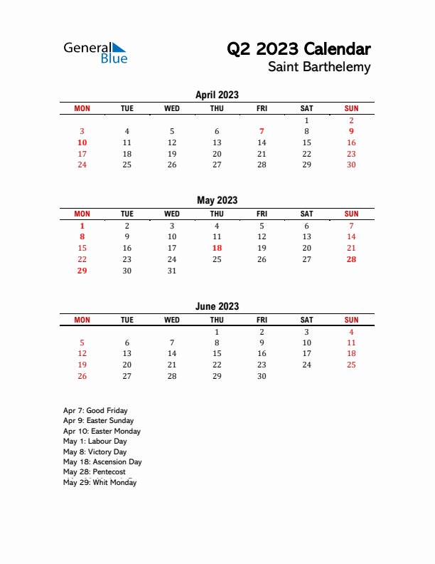 2023 Q2 Calendar with Holidays List for Saint Barthelemy