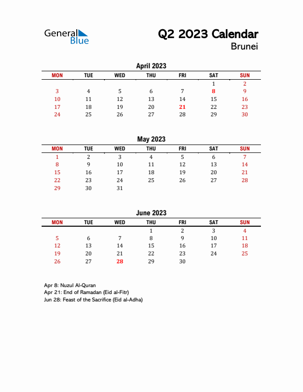 2023 Q2 Calendar with Holidays List for Brunei