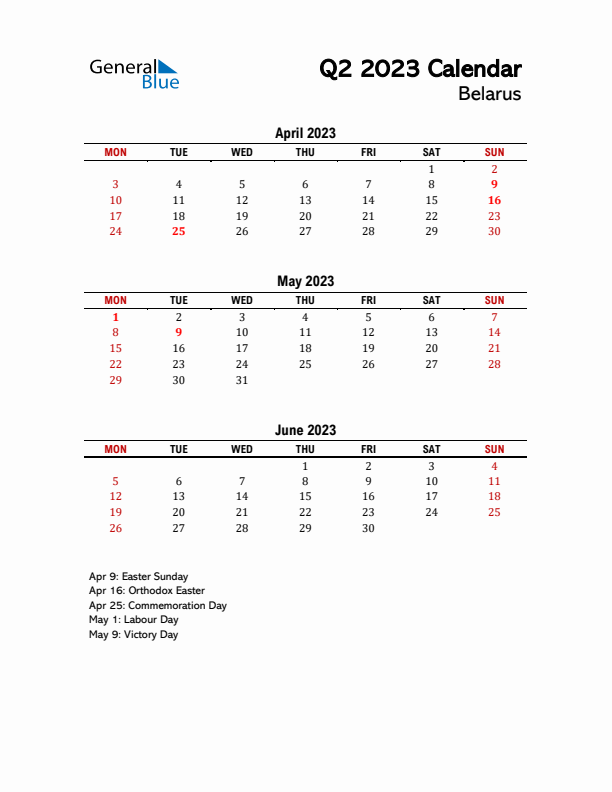 2023 Q2 Calendar with Holidays List for Belarus