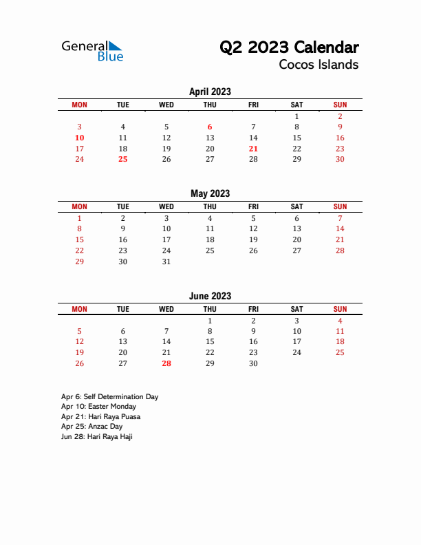 2023 Q2 Calendar with Holidays List for Cocos Islands