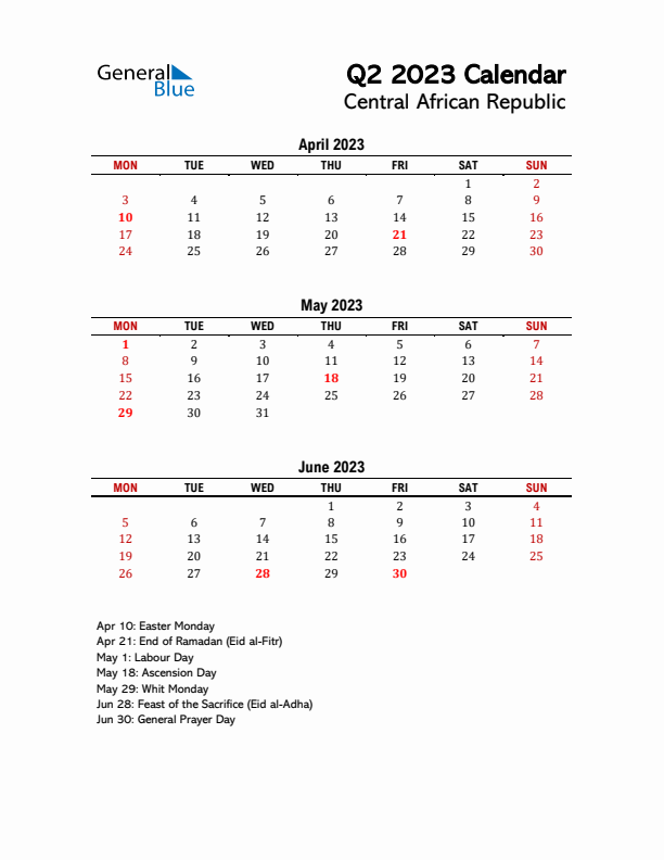 2023 Q2 Calendar with Holidays List for Central African Republic