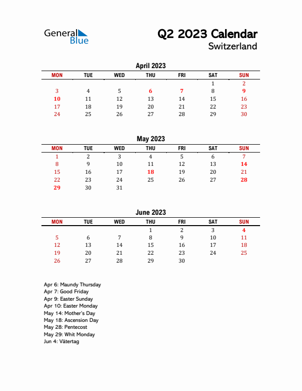 2023 Q2 Calendar with Holidays List for Switzerland