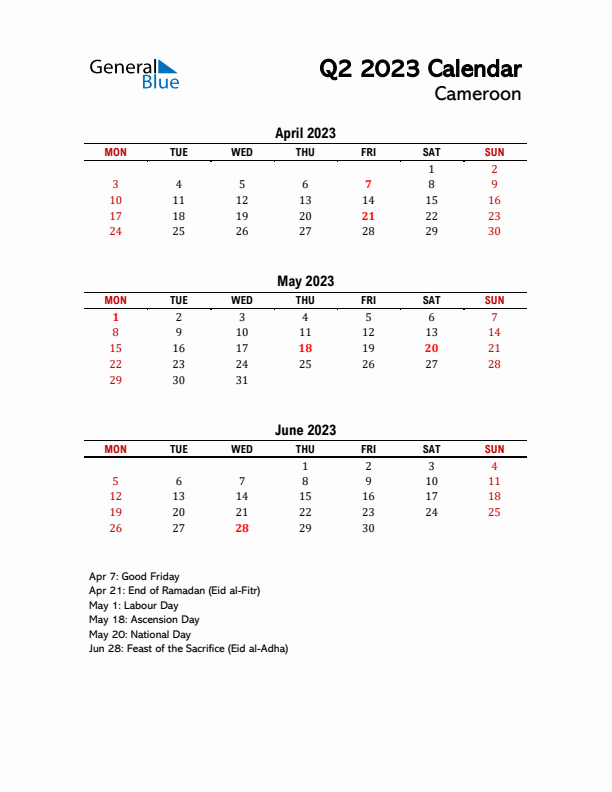 2023 Q2 Calendar with Holidays List for Cameroon