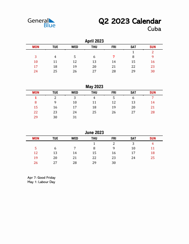 2023 Q2 Calendar with Holidays List for Cuba