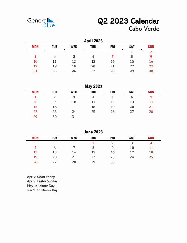 2023 Q2 Calendar with Holidays List for Cabo Verde