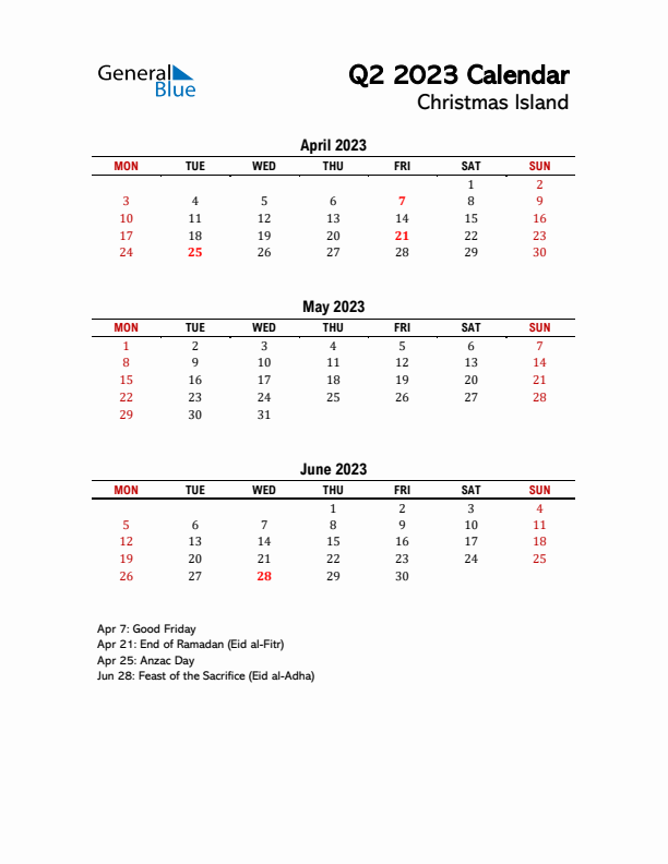 2023 Q2 Calendar with Holidays List for Christmas Island